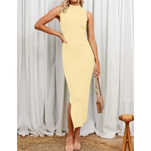 imageZESICA Womens 2023 Summer Knitted Sweater Dress Sleeveless Mock Neck Ribbed Side Slit Bodycon Tank Midi DressesLightyellow