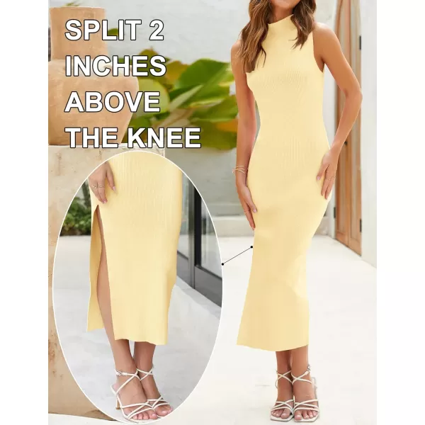 imageZESICA Womens 2023 Summer Knitted Sweater Dress Sleeveless Mock Neck Ribbed Side Slit Bodycon Tank Midi DressesLightyellow
