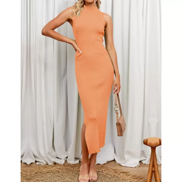 imageZESICA Womens 2023 Summer Knitted Sweater Dress Sleeveless Mock Neck Ribbed Side Slit Bodycon Tank Midi DressesOrange