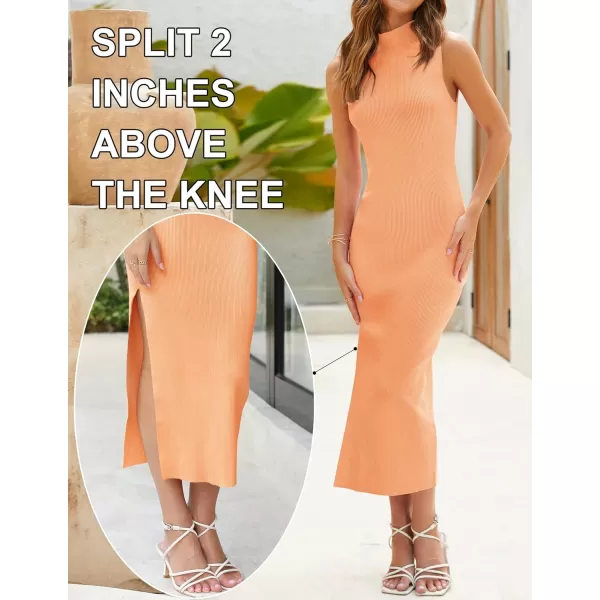 imageZESICA Womens 2023 Summer Knitted Sweater Dress Sleeveless Mock Neck Ribbed Side Slit Bodycon Tank Midi DressesOrange
