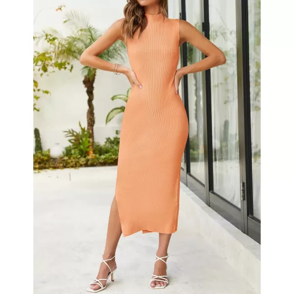 imageZESICA Womens 2023 Summer Knitted Sweater Dress Sleeveless Mock Neck Ribbed Side Slit Bodycon Tank Midi DressesOrange