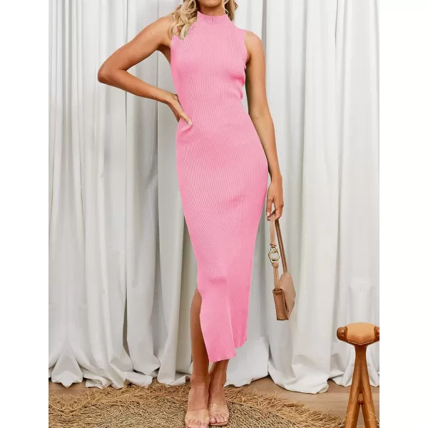 imageZESICA Womens 2023 Summer Knitted Sweater Dress Sleeveless Mock Neck Ribbed Side Slit Bodycon Tank Midi DressesPink