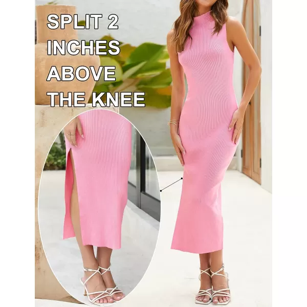 imageZESICA Womens 2023 Summer Knitted Sweater Dress Sleeveless Mock Neck Ribbed Side Slit Bodycon Tank Midi DressesPink