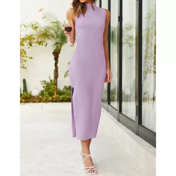 imageZESICA Womens 2023 Summer Knitted Sweater Dress Sleeveless Mock Neck Ribbed Side Slit Bodycon Tank Midi DressesPurple
