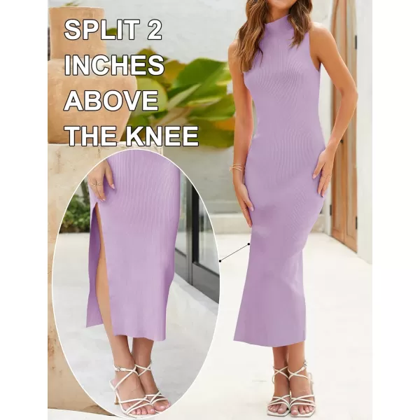 imageZESICA Womens 2023 Summer Knitted Sweater Dress Sleeveless Mock Neck Ribbed Side Slit Bodycon Tank Midi DressesPurple