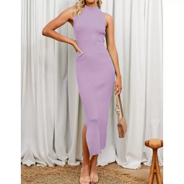 imageZESICA Womens 2023 Summer Knitted Sweater Dress Sleeveless Mock Neck Ribbed Side Slit Bodycon Tank Midi DressesPurple