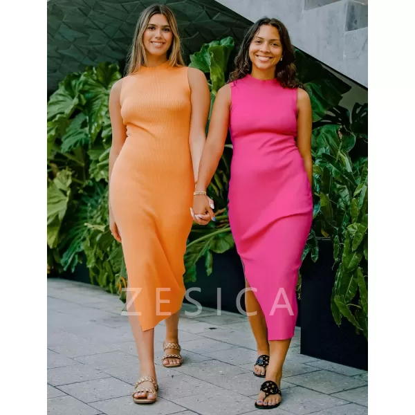 imageZESICA Womens 2023 Summer Knitted Sweater Dress Sleeveless Mock Neck Ribbed Side Slit Bodycon Tank Midi DressesRose