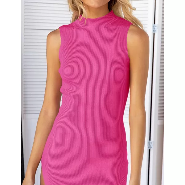 imageZESICA Womens 2023 Summer Knitted Sweater Dress Sleeveless Mock Neck Ribbed Side Slit Bodycon Tank Midi DressesRose