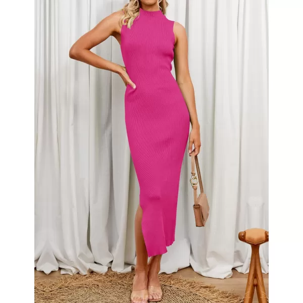 imageZESICA Womens 2023 Summer Knitted Sweater Dress Sleeveless Mock Neck Ribbed Side Slit Bodycon Tank Midi DressesRose