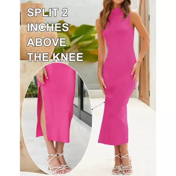 imageZESICA Womens 2023 Summer Knitted Sweater Dress Sleeveless Mock Neck Ribbed Side Slit Bodycon Tank Midi DressesRose