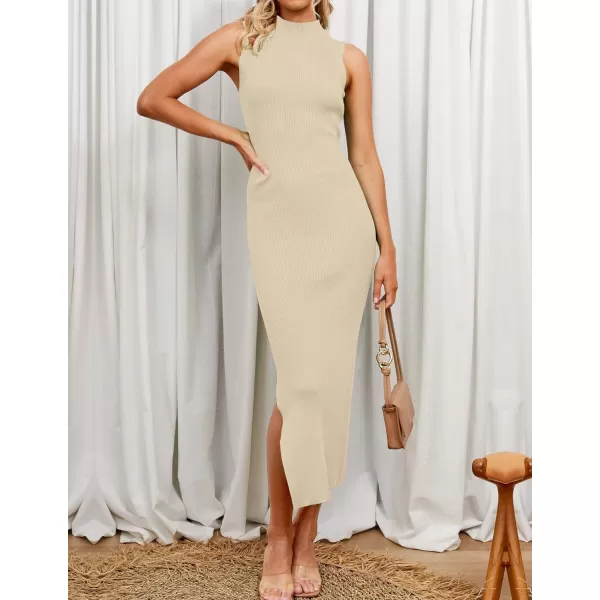 imageZESICA Womens 2023 Summer Knitted Sweater Dress Sleeveless Mock Neck Ribbed Side Slit Bodycon Tank Midi DressesSand