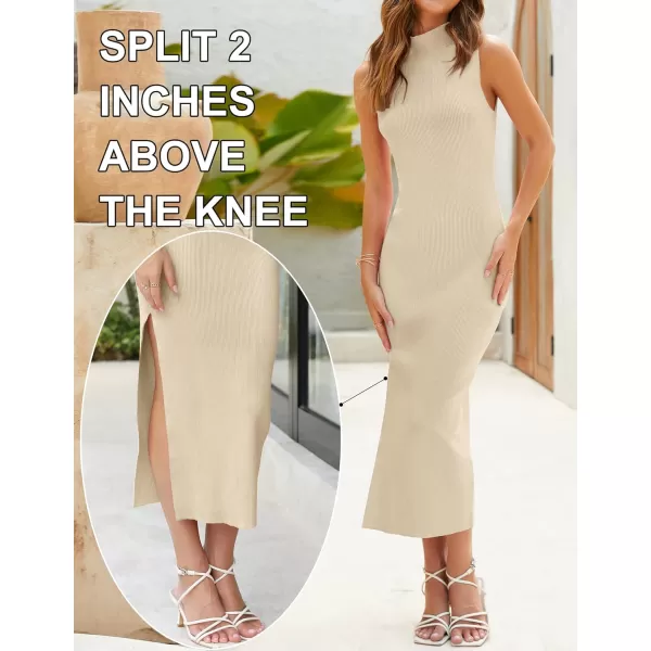 imageZESICA Womens 2023 Summer Knitted Sweater Dress Sleeveless Mock Neck Ribbed Side Slit Bodycon Tank Midi DressesSand
