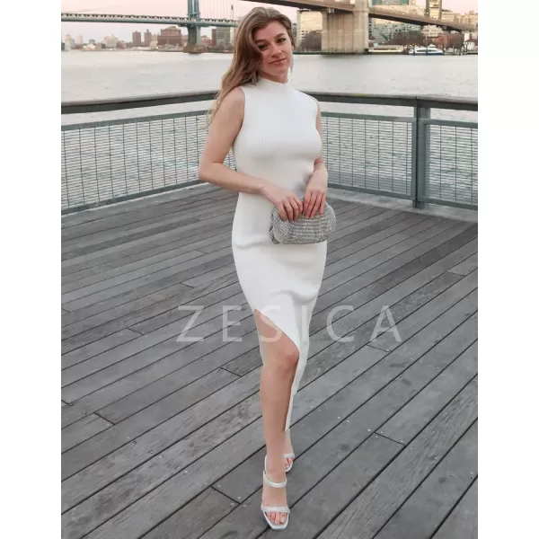 imageZESICA Womens 2023 Summer Knitted Sweater Dress Sleeveless Mock Neck Ribbed Side Slit Bodycon Tank Midi DressesWhite