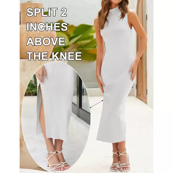 imageZESICA Womens 2023 Summer Knitted Sweater Dress Sleeveless Mock Neck Ribbed Side Slit Bodycon Tank Midi DressesWhite
