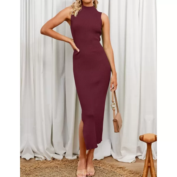 imageZESICA Womens 2023 Summer Knitted Sweater Dress Sleeveless Mock Neck Ribbed Side Slit Bodycon Tank Midi DressesWine