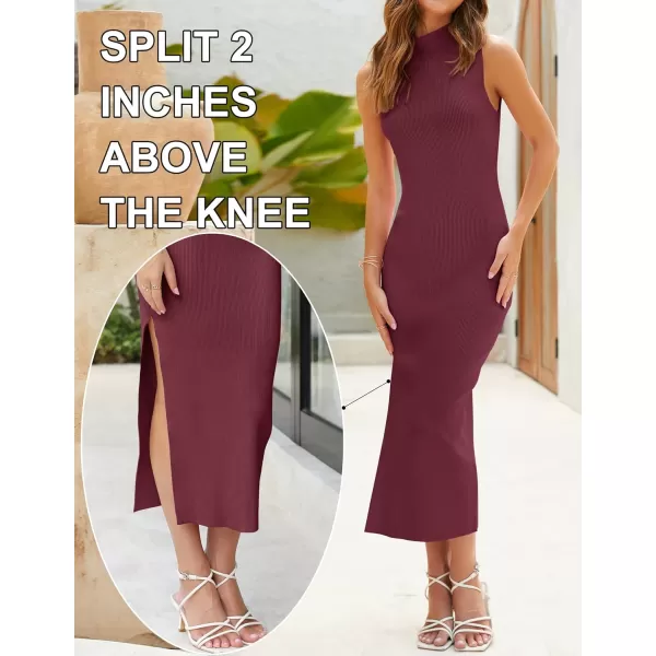 imageZESICA Womens 2023 Summer Knitted Sweater Dress Sleeveless Mock Neck Ribbed Side Slit Bodycon Tank Midi DressesWine