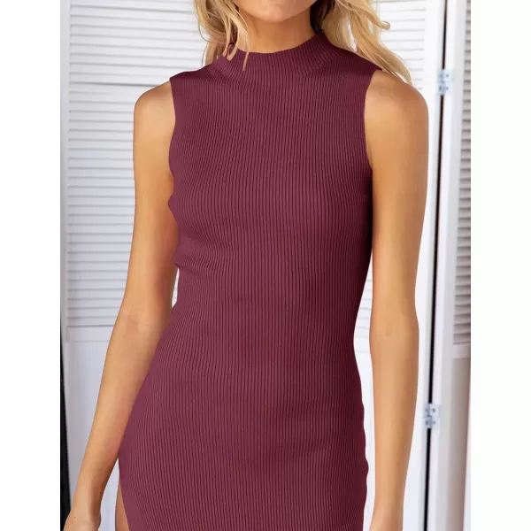 imageZESICA Womens 2023 Summer Knitted Sweater Dress Sleeveless Mock Neck Ribbed Side Slit Bodycon Tank Midi DressesWine