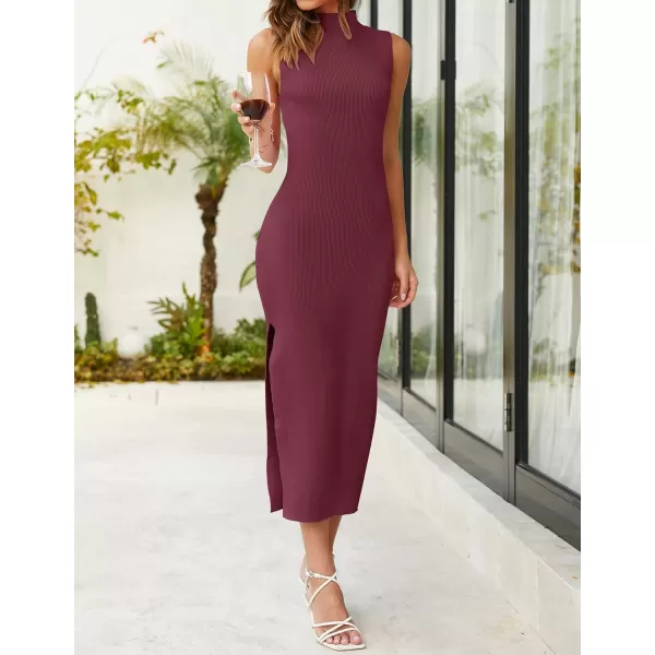 imageZESICA Womens 2023 Summer Knitted Sweater Dress Sleeveless Mock Neck Ribbed Side Slit Bodycon Tank Midi DressesWine