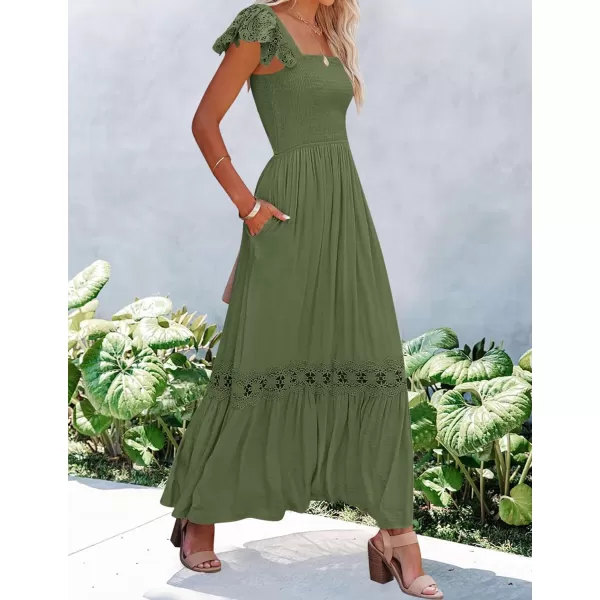 imageZESICA Womens 2023 Summer Lace Strap Sleeveless Square Neck Smocked High Waist Ruffle Hollow Out Flowy A Line Maxi DressArmygreen