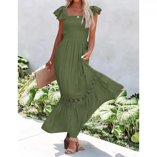imageZESICA Womens 2023 Summer Lace Strap Sleeveless Square Neck Smocked High Waist Ruffle Hollow Out Flowy A Line Maxi DressArmygreen