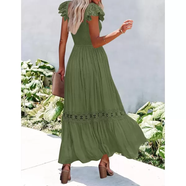 imageZESICA Womens 2023 Summer Lace Strap Sleeveless Square Neck Smocked High Waist Ruffle Hollow Out Flowy A Line Maxi DressArmygreen