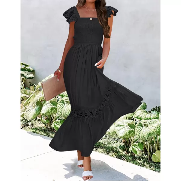 imageZESICA Womens 2023 Summer Lace Strap Sleeveless Square Neck Smocked High Waist Ruffle Hollow Out Flowy A Line Maxi DressBlack