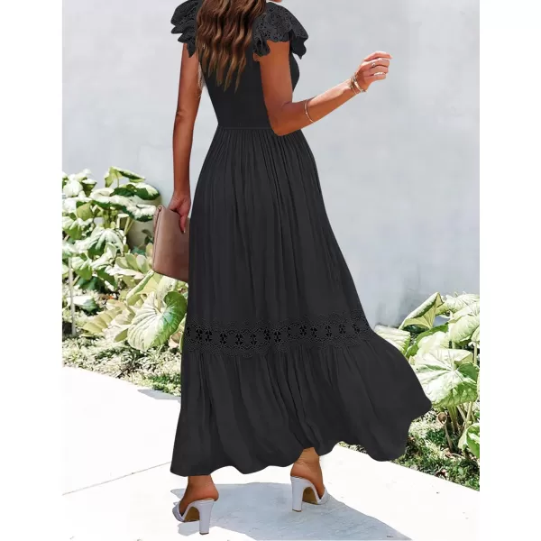 imageZESICA Womens 2023 Summer Lace Strap Sleeveless Square Neck Smocked High Waist Ruffle Hollow Out Flowy A Line Maxi DressBlack