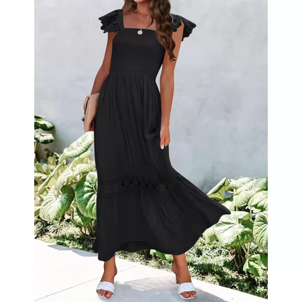 imageZESICA Womens 2023 Summer Lace Strap Sleeveless Square Neck Smocked High Waist Ruffle Hollow Out Flowy A Line Maxi DressBlack