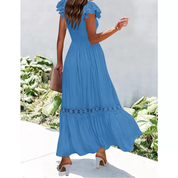 imageZESICA Womens 2023 Summer Lace Strap Sleeveless Square Neck Smocked High Waist Ruffle Hollow Out Flowy A Line Maxi DressCobaltblue
