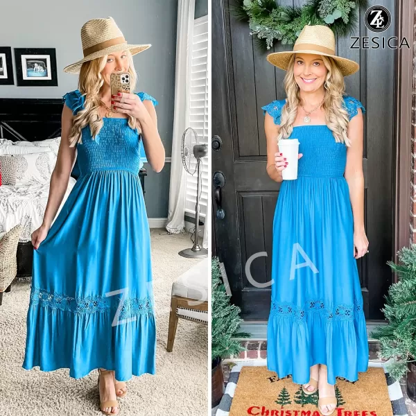 imageZESICA Womens 2023 Summer Lace Strap Sleeveless Square Neck Smocked High Waist Ruffle Hollow Out Flowy A Line Maxi DressCobaltblue