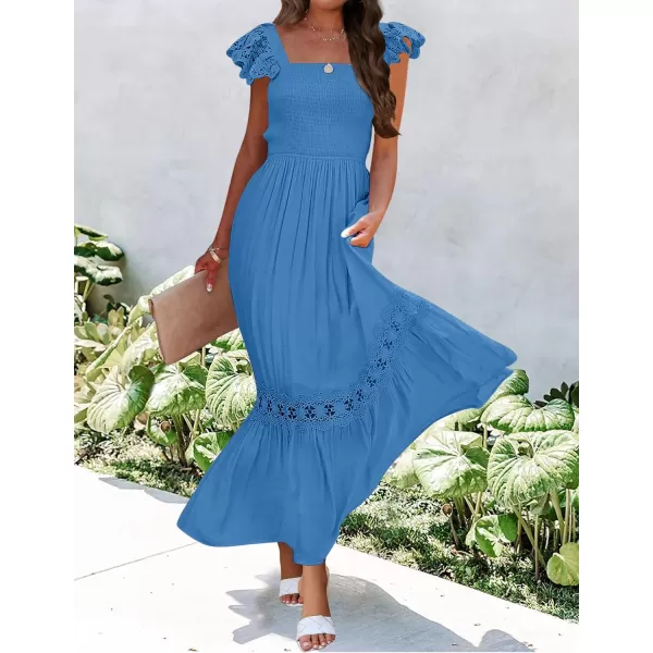 imageZESICA Womens 2023 Summer Lace Strap Sleeveless Square Neck Smocked High Waist Ruffle Hollow Out Flowy A Line Maxi DressCobaltblue