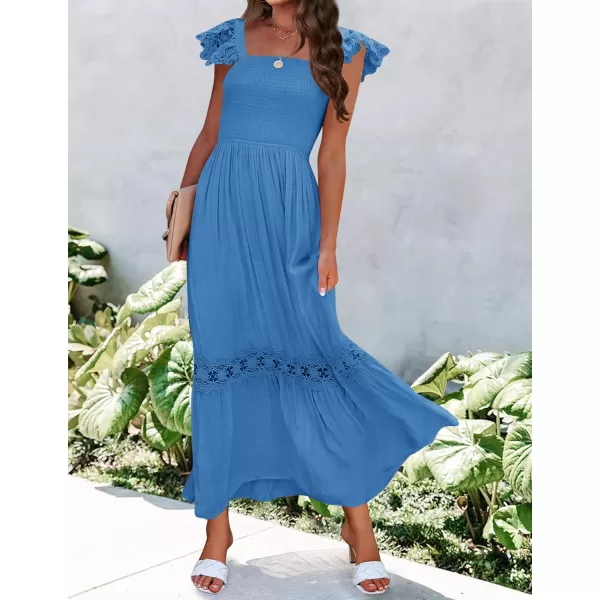 imageZESICA Womens 2023 Summer Lace Strap Sleeveless Square Neck Smocked High Waist Ruffle Hollow Out Flowy A Line Maxi DressCobaltblue