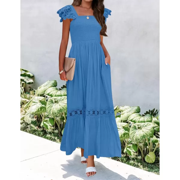 imageZESICA Womens 2023 Summer Lace Strap Sleeveless Square Neck Smocked High Waist Ruffle Hollow Out Flowy A Line Maxi DressCobaltblue