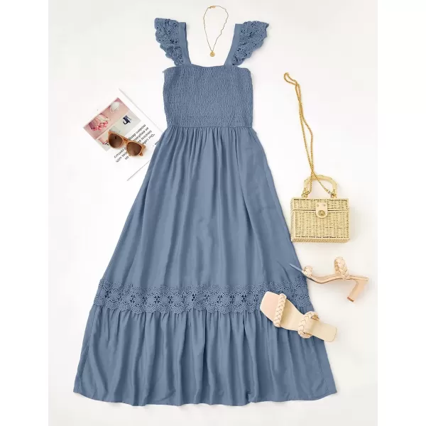 imageZESICA Womens 2023 Summer Lace Strap Sleeveless Square Neck Smocked High Waist Ruffle Hollow Out Flowy A Line Maxi DressDustyblue