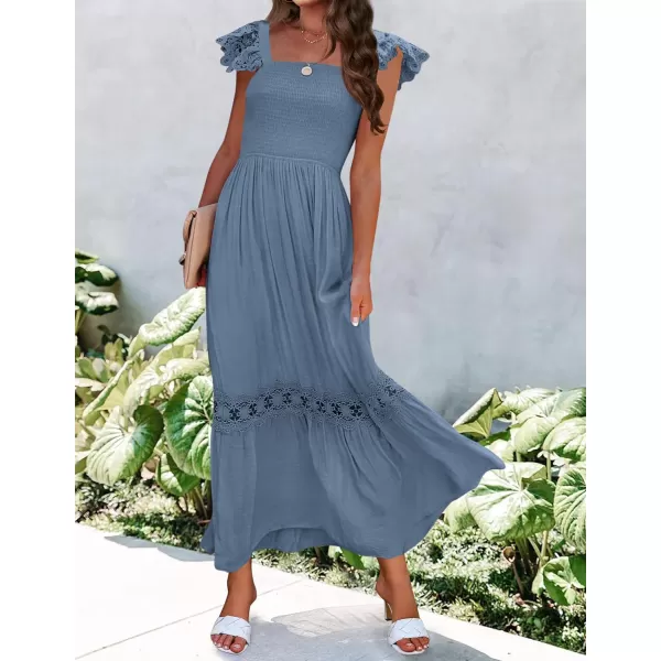 imageZESICA Womens 2023 Summer Lace Strap Sleeveless Square Neck Smocked High Waist Ruffle Hollow Out Flowy A Line Maxi DressDustyblue