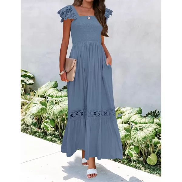 imageZESICA Womens 2023 Summer Lace Strap Sleeveless Square Neck Smocked High Waist Ruffle Hollow Out Flowy A Line Maxi DressDustyblue