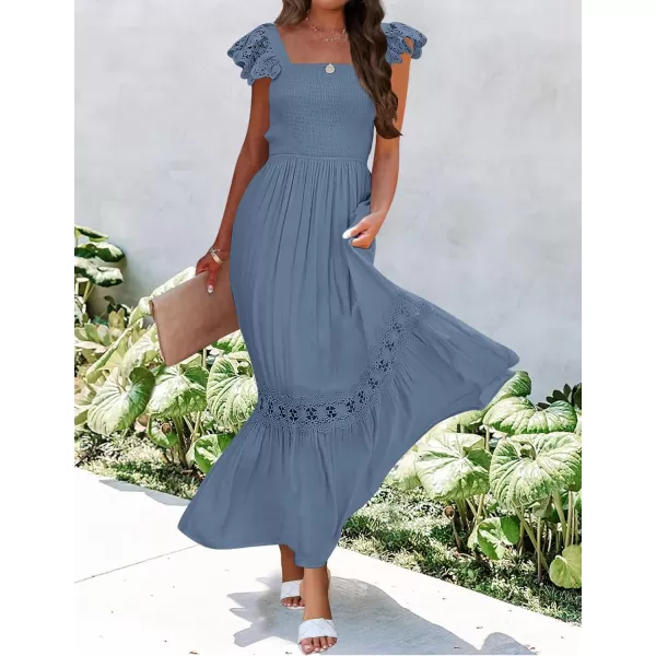 imageZESICA Womens 2023 Summer Lace Strap Sleeveless Square Neck Smocked High Waist Ruffle Hollow Out Flowy A Line Maxi DressDustyblue