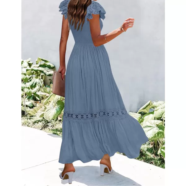 imageZESICA Womens 2023 Summer Lace Strap Sleeveless Square Neck Smocked High Waist Ruffle Hollow Out Flowy A Line Maxi DressDustyblue