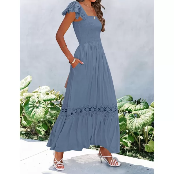 imageZESICA Womens 2023 Summer Lace Strap Sleeveless Square Neck Smocked High Waist Ruffle Hollow Out Flowy A Line Maxi DressDustyblue