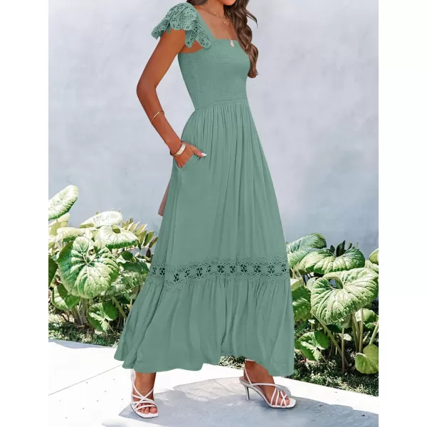 imageZESICA Womens 2023 Summer Lace Strap Sleeveless Square Neck Smocked High Waist Ruffle Hollow Out Flowy A Line Maxi DressGreen