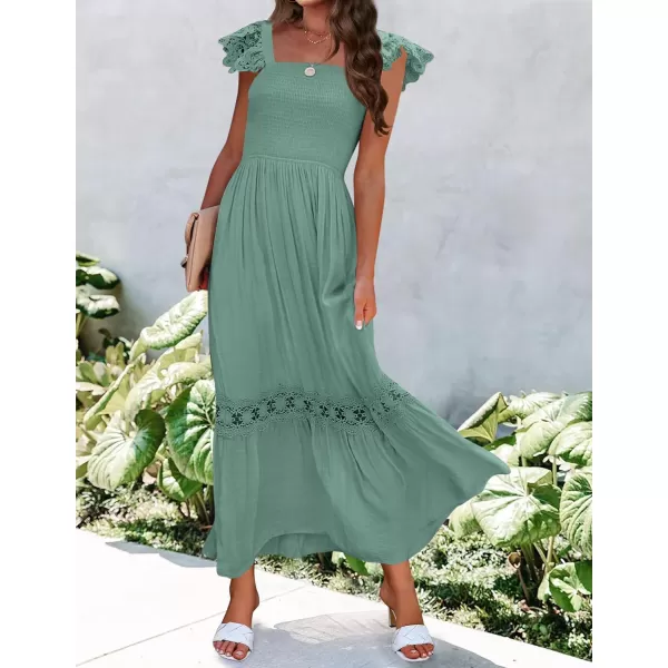imageZESICA Womens 2023 Summer Lace Strap Sleeveless Square Neck Smocked High Waist Ruffle Hollow Out Flowy A Line Maxi DressGreen