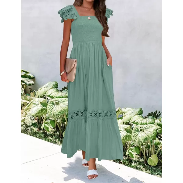 imageZESICA Womens 2023 Summer Lace Strap Sleeveless Square Neck Smocked High Waist Ruffle Hollow Out Flowy A Line Maxi DressGreen