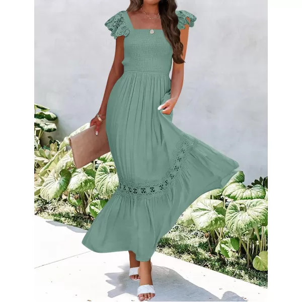 imageZESICA Womens 2023 Summer Lace Strap Sleeveless Square Neck Smocked High Waist Ruffle Hollow Out Flowy A Line Maxi DressGreen