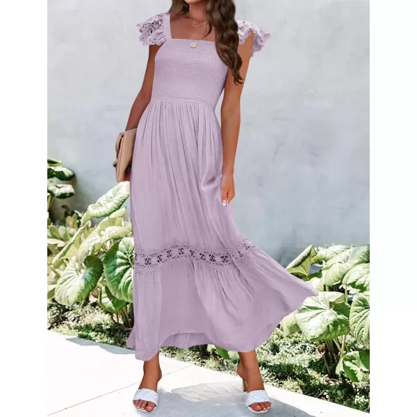 imageZESICA Womens 2023 Summer Lace Strap Sleeveless Square Neck Smocked High Waist Ruffle Hollow Out Flowy A Line Maxi DressLightpurple