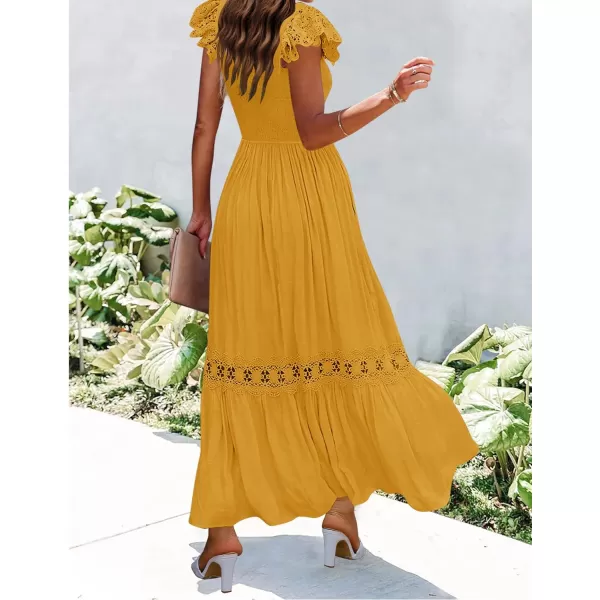 imageZESICA Womens 2023 Summer Lace Strap Sleeveless Square Neck Smocked High Waist Ruffle Hollow Out Flowy A Line Maxi DressMustard