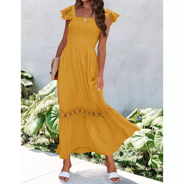 imageZESICA Womens 2023 Summer Lace Strap Sleeveless Square Neck Smocked High Waist Ruffle Hollow Out Flowy A Line Maxi DressMustard