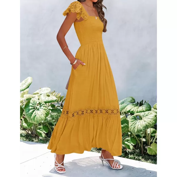 imageZESICA Womens 2023 Summer Lace Strap Sleeveless Square Neck Smocked High Waist Ruffle Hollow Out Flowy A Line Maxi DressMustard