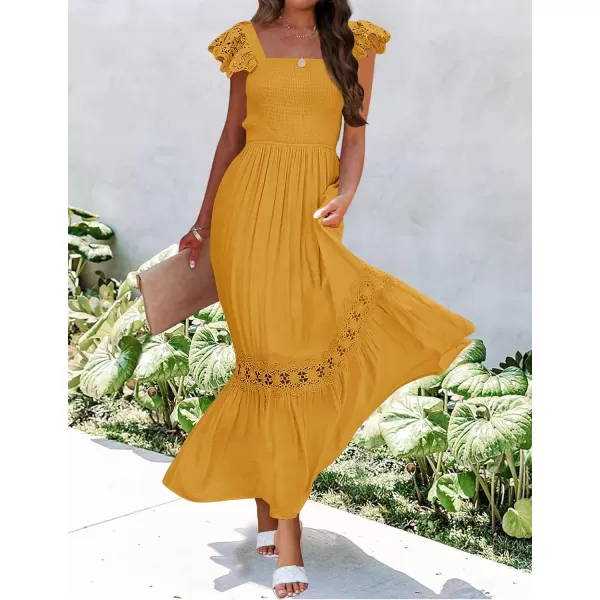 imageZESICA Womens 2023 Summer Lace Strap Sleeveless Square Neck Smocked High Waist Ruffle Hollow Out Flowy A Line Maxi DressMustard