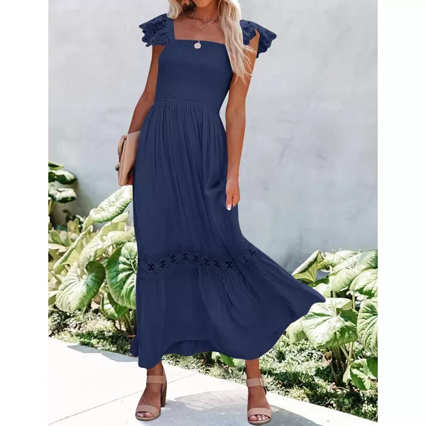imageZESICA Womens 2023 Summer Lace Strap Sleeveless Square Neck Smocked High Waist Ruffle Hollow Out Flowy A Line Maxi DressNavy