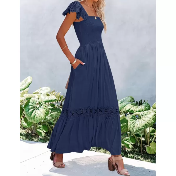 imageZESICA Womens 2023 Summer Lace Strap Sleeveless Square Neck Smocked High Waist Ruffle Hollow Out Flowy A Line Maxi DressNavy